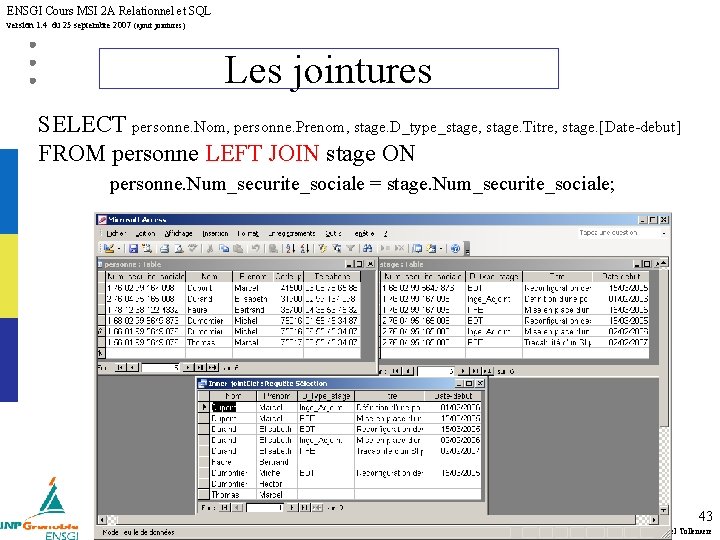 ENSGI Cours MSI 2 A Relationnel et SQL version 1. 4 du 25 septembre