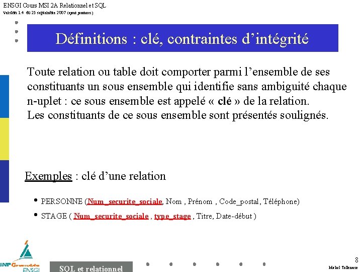 ENSGI Cours MSI 2 A Relationnel et SQL version 1. 4 du 25 septembre