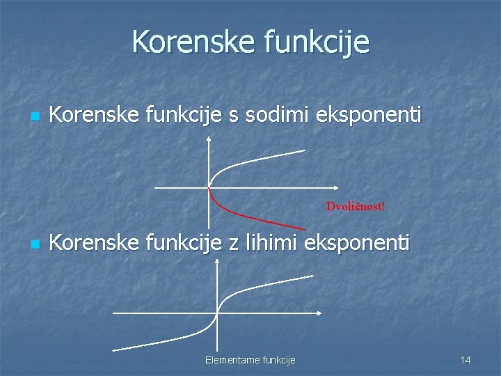 Korenske funkcije n Korenske funkcije s sodimi eksponenti Dvoličnost! n Korenske funkcije z lihimi