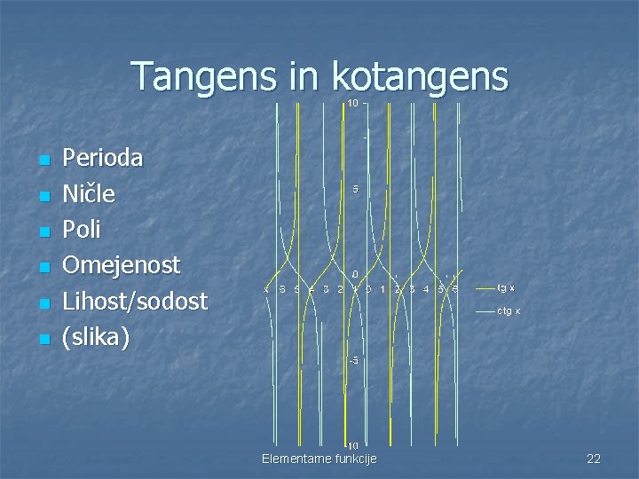 Tangens in kotangens n n n Perioda Ničle Poli Omejenost Lihost/sodost (slika) Elementarne funkcije