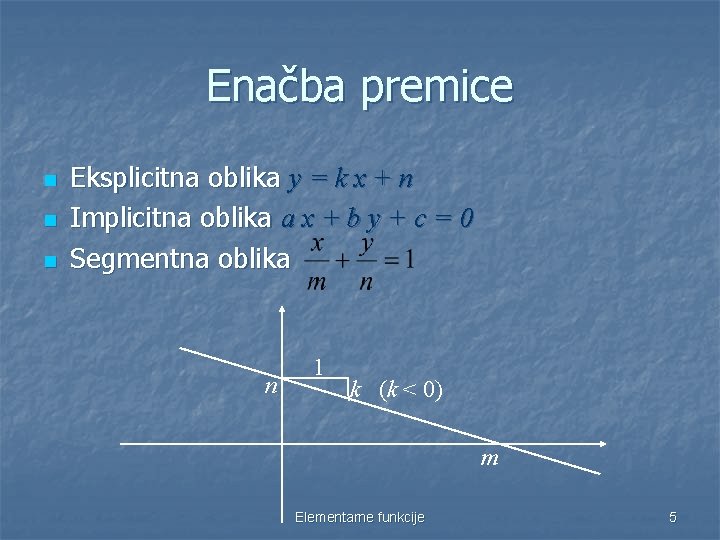 Enačba premice n n n Eksplicitna oblika y = k x + n Implicitna