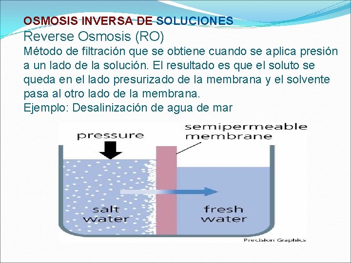 OSMOSIS INVERSA DE SOLUCIONES Reverse Osmosis (RO) Método de filtración que se obtiene cuando OSMOSIS INVERSA DE SOLUCIONES Reverse Osmosis (RO) Método de filtración que se obtiene cuando