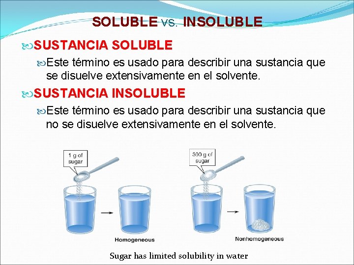 SOLUBLE vs. INSOLUBLE SUSTANCIA SOLUBLE Este término es usado para describir una sustancia que SOLUBLE vs. INSOLUBLE SUSTANCIA SOLUBLE Este término es usado para describir una sustancia que