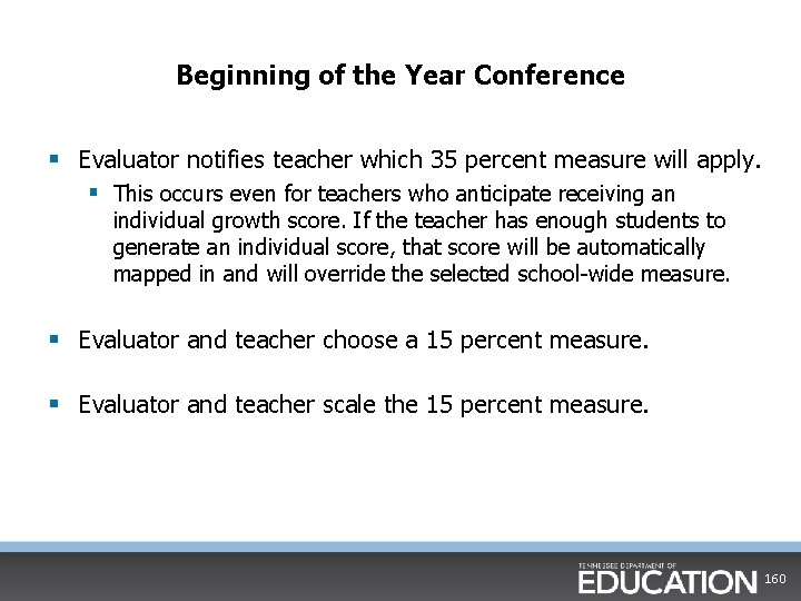 Beginning of the Year Conference § Evaluator notifies teacher which 35 percent measure will