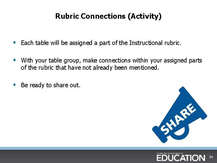 Rubric Connections (Activity) § Each table will be assigned a part of the Instructional
