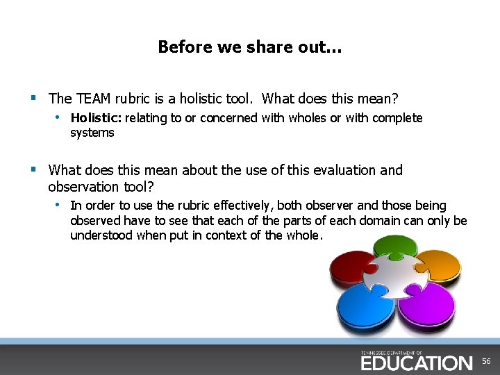 Before we share out… § The TEAM rubric is a holistic tool. What does