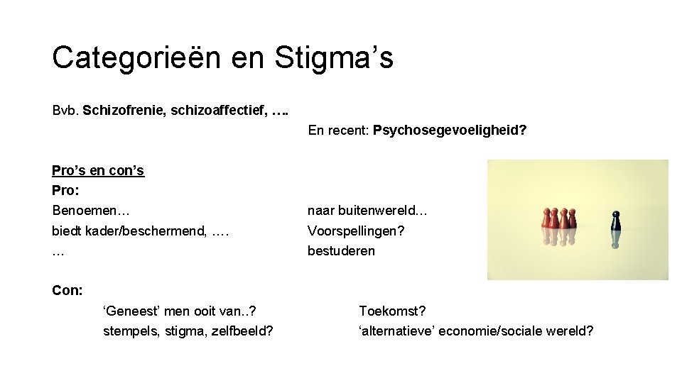 Categorieën en Stigma’s Bvb. Schizofrenie, schizoaffectief, …. En recent: Psychosegevoeligheid? Pro’s en con’s Pro: