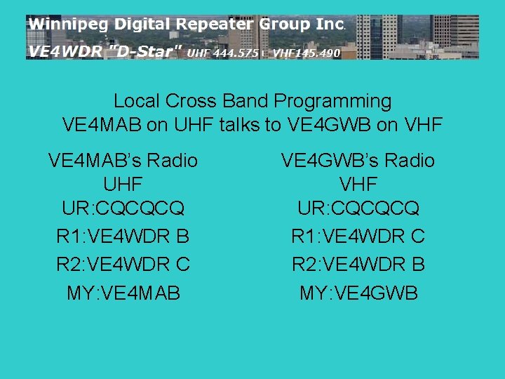 Local Cross Band Programming VE 4 MAB on UHF talks to VE 4 GWB
