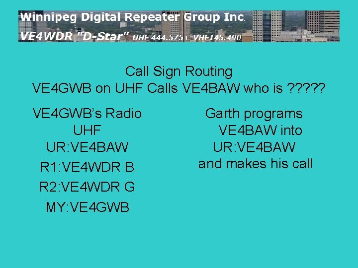 Call Sign Routing VE 4 GWB on UHF Calls VE 4 BAW who is