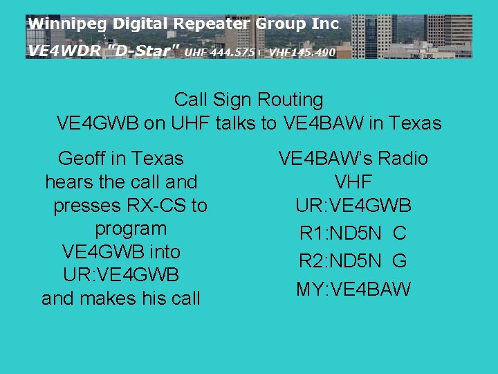 Call Sign Routing VE 4 GWB on UHF talks to VE 4 BAW in