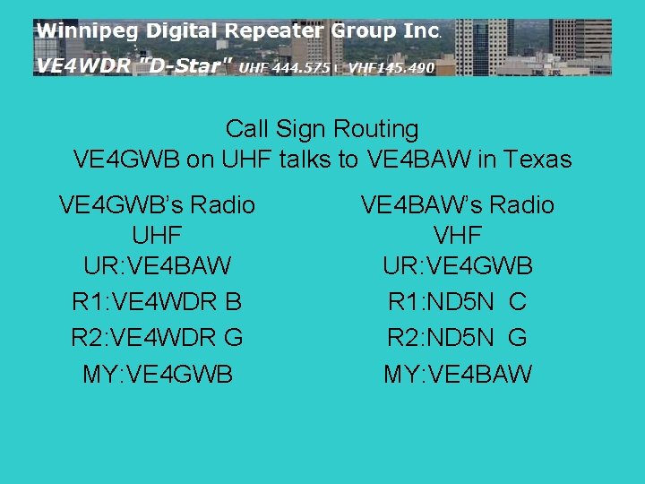 Call Sign Routing VE 4 GWB on UHF talks to VE 4 BAW in