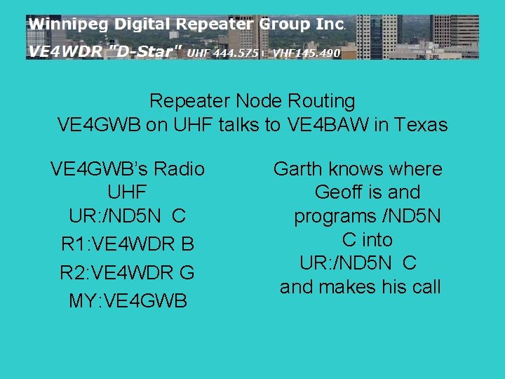 Repeater Node Routing VE 4 GWB on UHF talks to VE 4 BAW in
