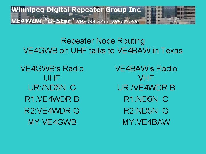 Repeater Node Routing VE 4 GWB on UHF talks to VE 4 BAW in
