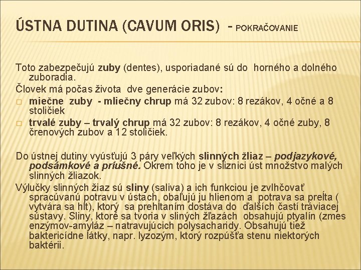 ÚSTNA DUTINA (CAVUM ORIS) - POKRAČOVANIE Toto zabezpečujú zuby (dentes), usporiadané sú do horného