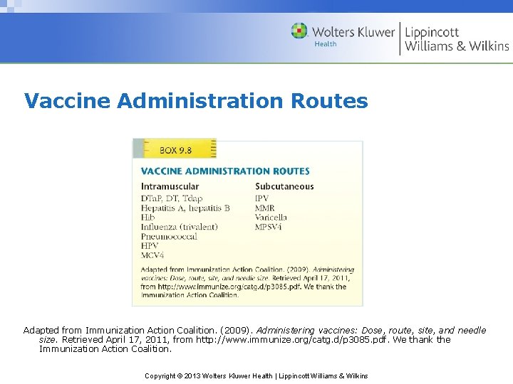 Vaccine Administration Routes Adapted from Immunization Action Coalition. (2009). Administering vaccines: Dose, route, site,