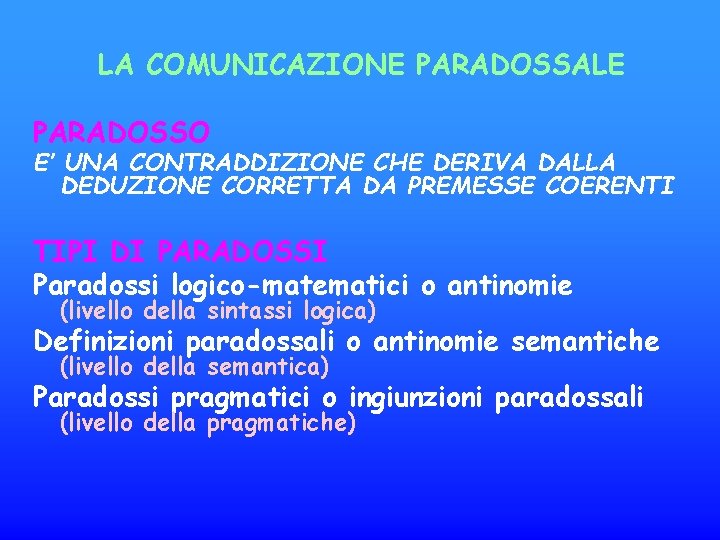 LA COMUNICAZIONE PARADOSSALE PARADOSSO E’ UNA CONTRADDIZIONE CHE DERIVA DALLA DEDUZIONE CORRETTA DA PREMESSE