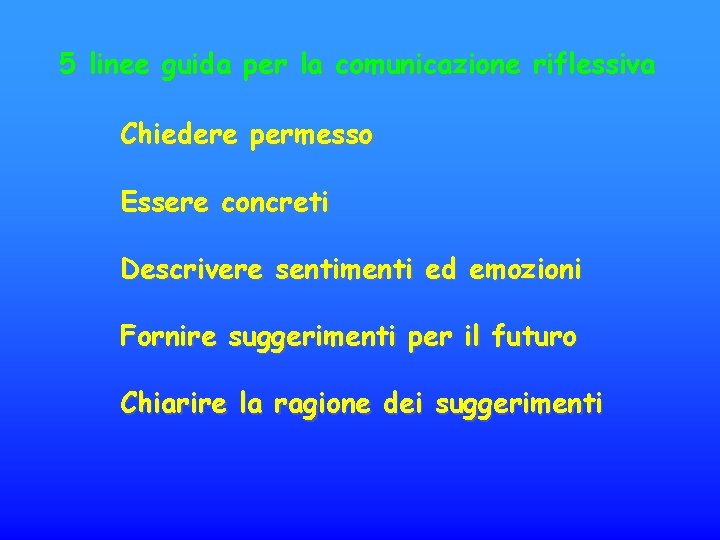 5 linee guida per la comunicazione riflessiva Chiedere permesso Essere concreti Descrivere sentimenti ed