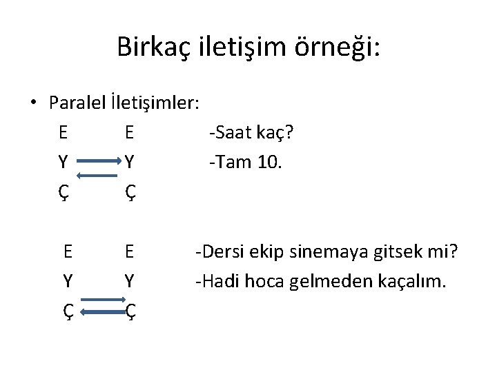 Birkaç iletişim örneği: • Paralel İletişimler: E E -Saat kaç? Y Y -Tam 10.