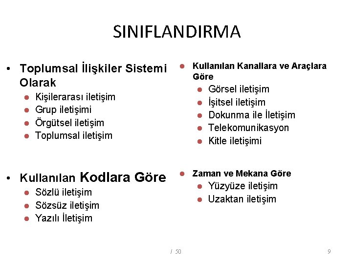 SINIFLANDIRMA • Toplumsal İlişkiler Sistemi Olarak l l Kişilerarası iletişim l Grup iletişimi l