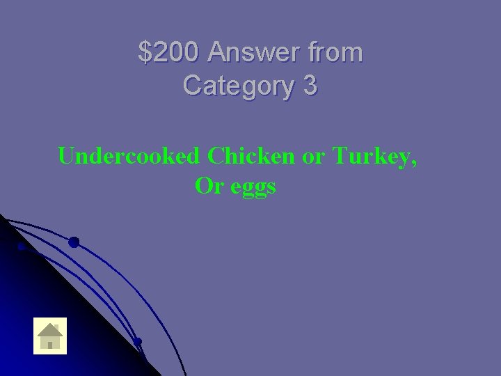 $200 Answer from Category 3 Undercooked Chicken or Turkey, Or eggs 
