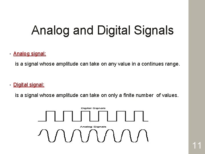 Analog and Digital Signals • Analog signal: is a signal whose amplitude can take