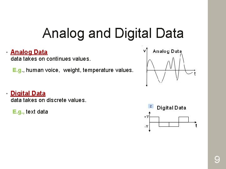 Analog and Digital Data • Analog Data data takes on continues values. E. g.