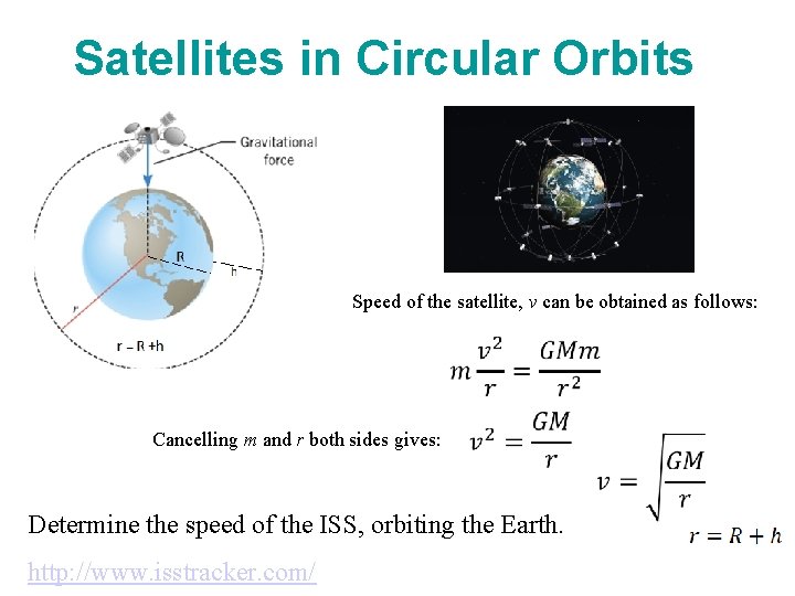 Satellites in Circular Orbits Speed of the satellite, v can be obtained as follows: