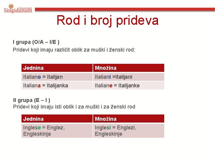 Rod i broj prideva I grupa (O/A – I/E ) Pridevi koji imaju različit