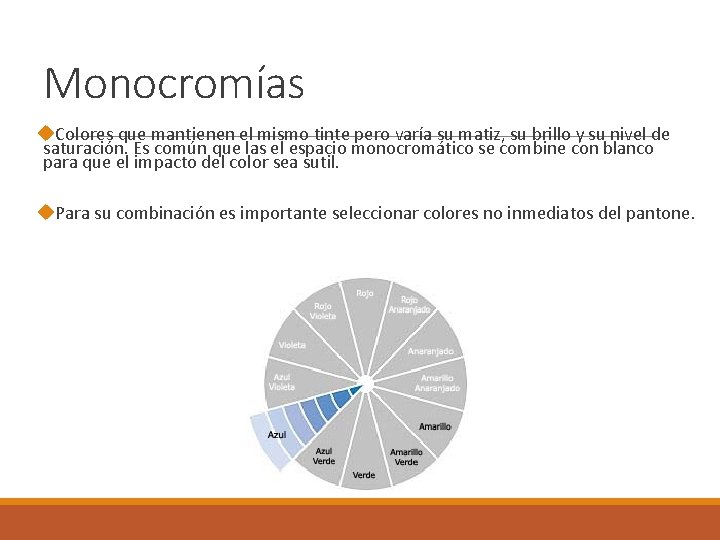 Monocromías Colores que mantienen el mismo tinte pero varía su matiz, su brillo y