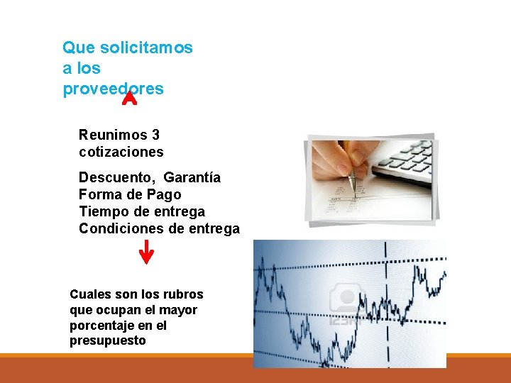 Que solicitamos a los proveedores Reunimos 3 cotizaciones Descuento, Garantía Forma de Pago Tiempo