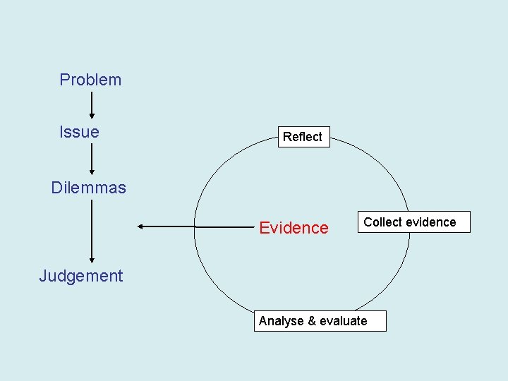 Problem Issue Reflect Dilemmas Evidence Collect evidence Judgement Analyse & evaluate 