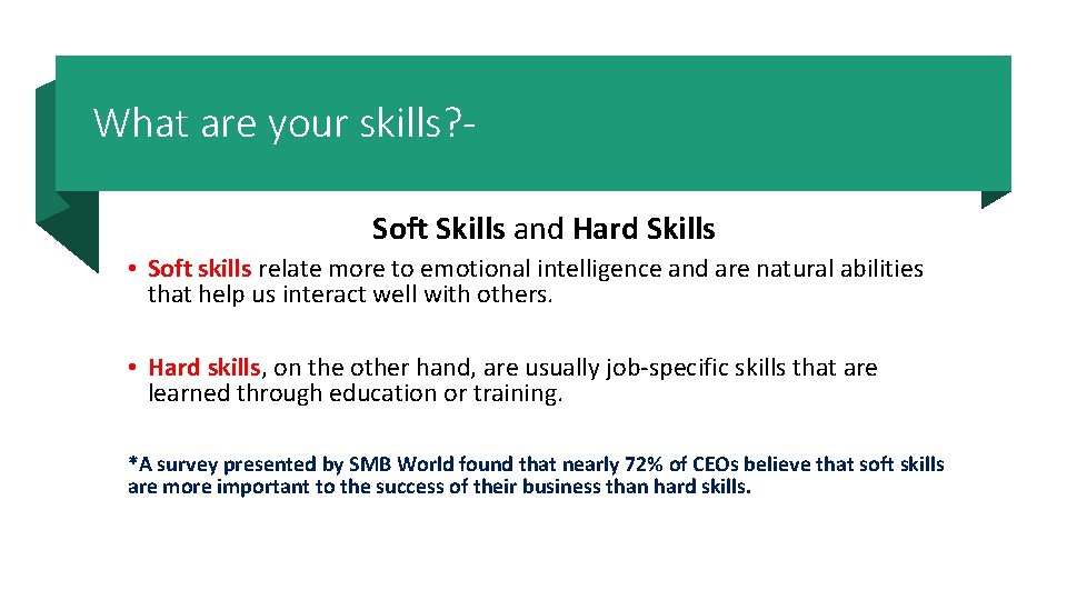 What are your skills? Soft Skills and Hard Skills • Soft skills relate more