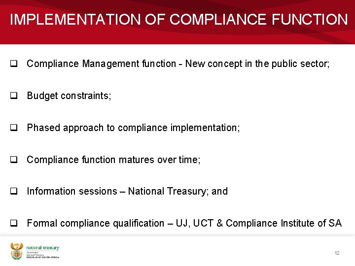 IMPLEMENTATION OF COMPLIANCE FUNCTION q Compliance Management function - New concept in the public
