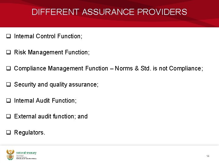 DIFFERENT ASSURANCE PROVIDERS q Internal Control Function; q Risk Management Function; q Compliance Management