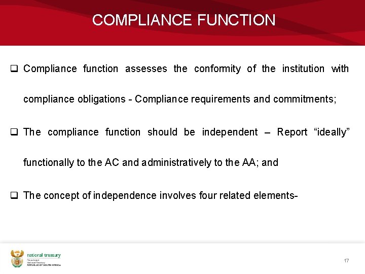 COMPLIANCE FUNCTION q Compliance function assesses the conformity of the institution with compliance obligations