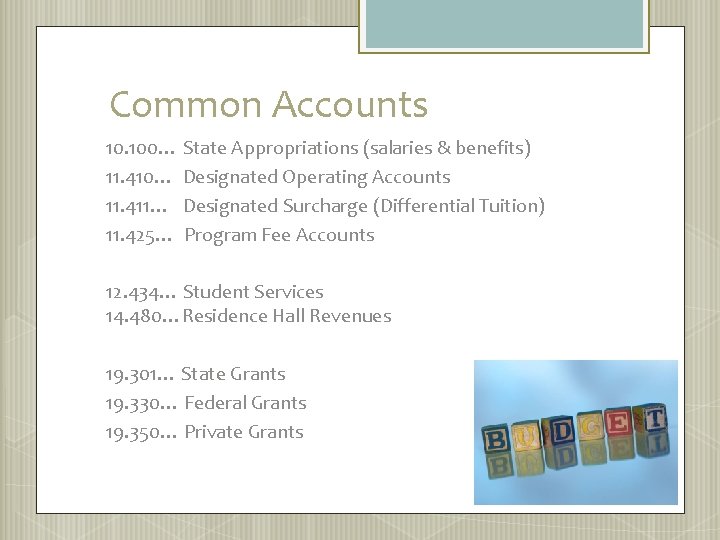 Common Accounts 10. 100… State Appropriations (salaries & benefits) 11. 410… Designated Operating Accounts