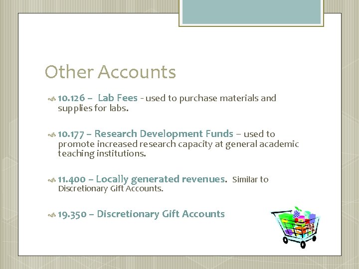 Other Accounts 10. 126 – Lab Fees - used to purchase materials and supplies