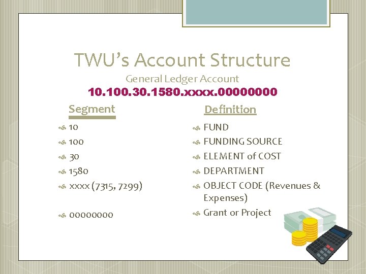 TWU’s Account Structure General Ledger Account 10. 100. 30. 1580. xxxx. 0000 Segment 10