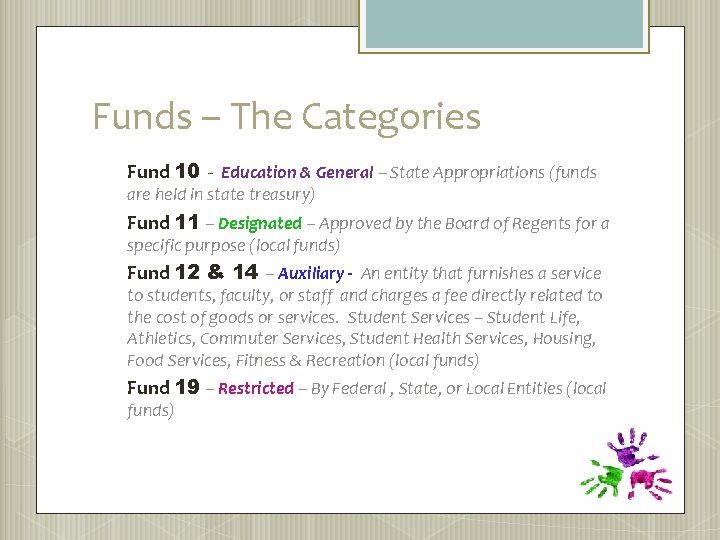 Funds – The Categories Fund 10 - Education & General – State Appropriations (funds