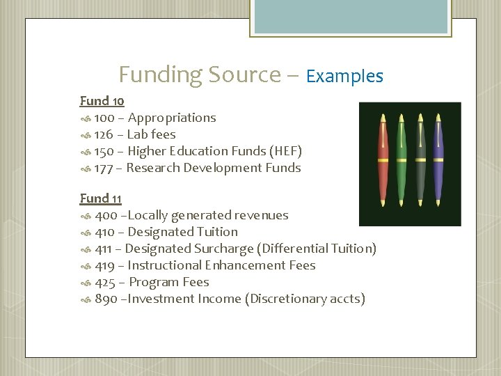 Funding Source – Examples Fund 10 100 – Appropriations 126 – Lab fees 150