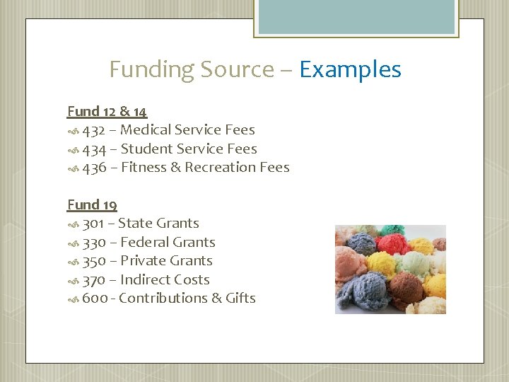 Funding Source – Examples Fund 12 & 14 432 – Medical Service Fees 434