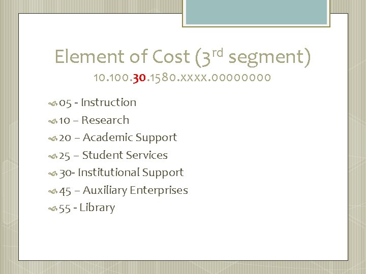 Element of Cost (3 rd segment) 10. 100. 30. 1580. xxxx. 0000 05 -