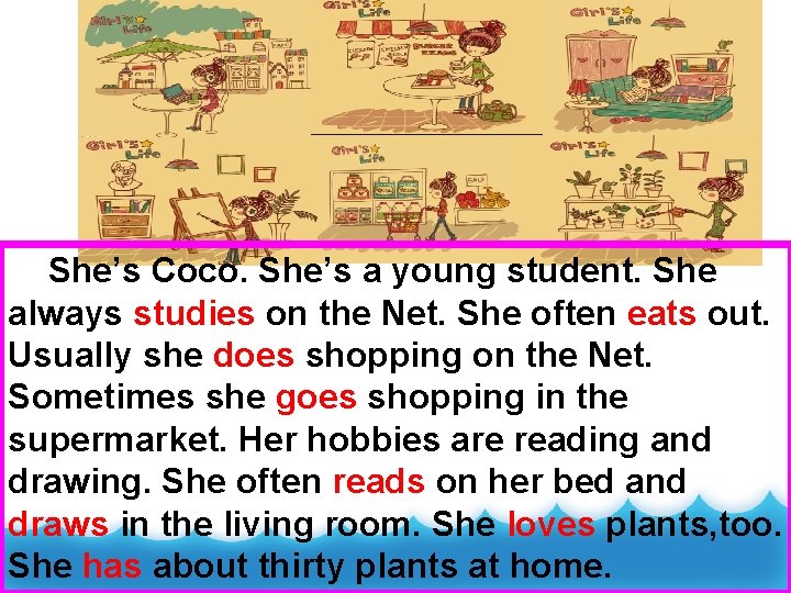 She’s Coco. She’s a young student. She always studies on the Net. She often