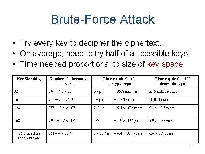 Brute-Force Attack • Try every key to decipher the ciphertext. • On average, need