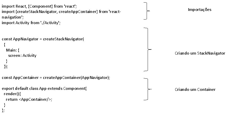 import React, {Component} from 'react'; import {create. Stack. Navigator, create. App. Container} from 'reactnavigation';