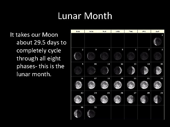 Lunar Month It takes our Moon about 29. 5 days to completely cycle through