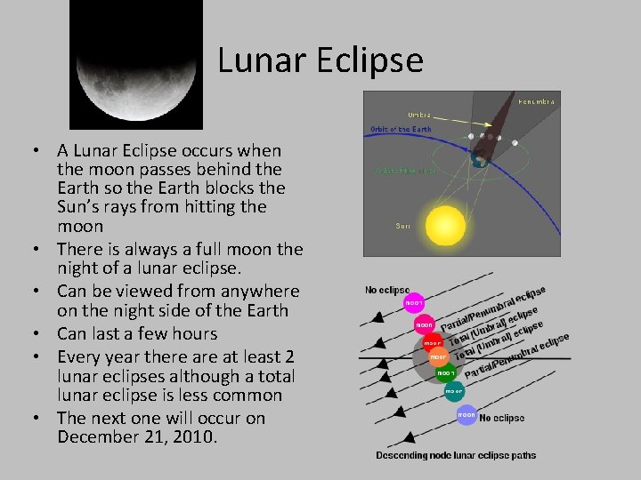 Lunar Eclipse • A Lunar Eclipse occurs when the moon passes behind the Earth