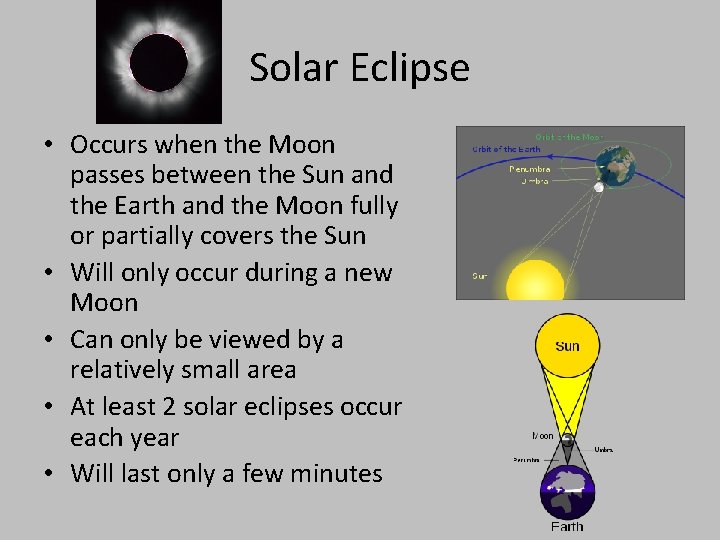 Solar Eclipse • Occurs when the Moon passes between the Sun and the Earth