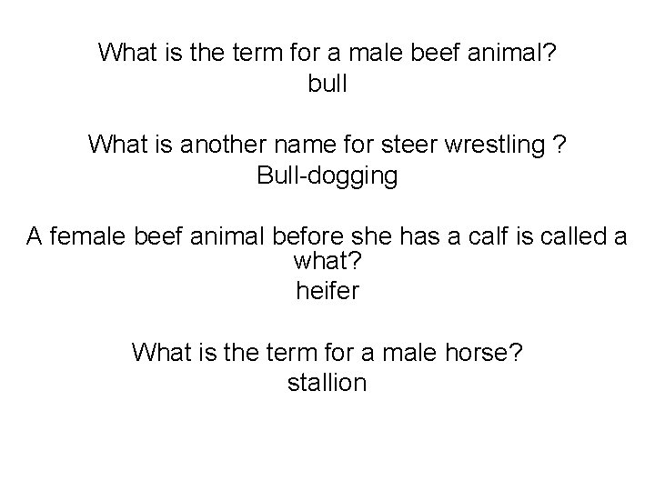 What is the term for a male beef animal? bull What is another name