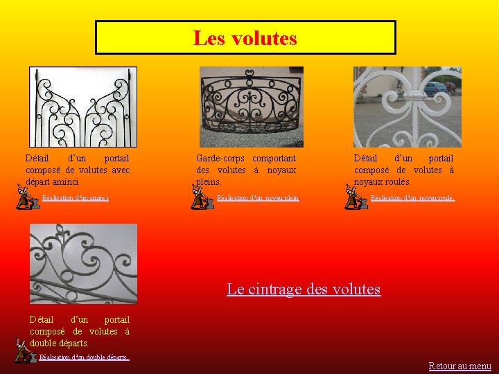 Les volutes Détail d’un portail composé de volutes avec départ aminci. Réalisation d’un aminci.